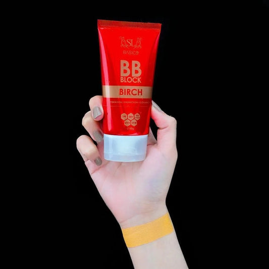 Tinted sunblock SPF 50 Birch shade swatch on Pakistani skin tone