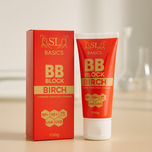 BB Block Birch SPF 50+ tinted sunblock — red tube and box with hydration, UV protection and light coverage